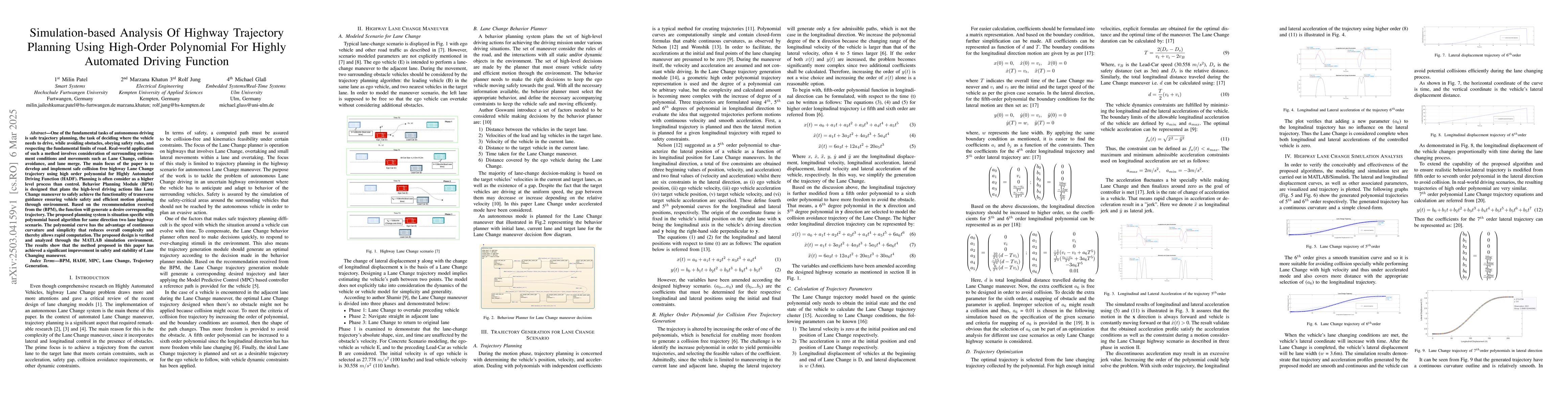 Thumbnail for Simulation-based Analysis Of Highway Trajectory Planning Using
  High-Order Polynomial For Highly Automated Driving Function