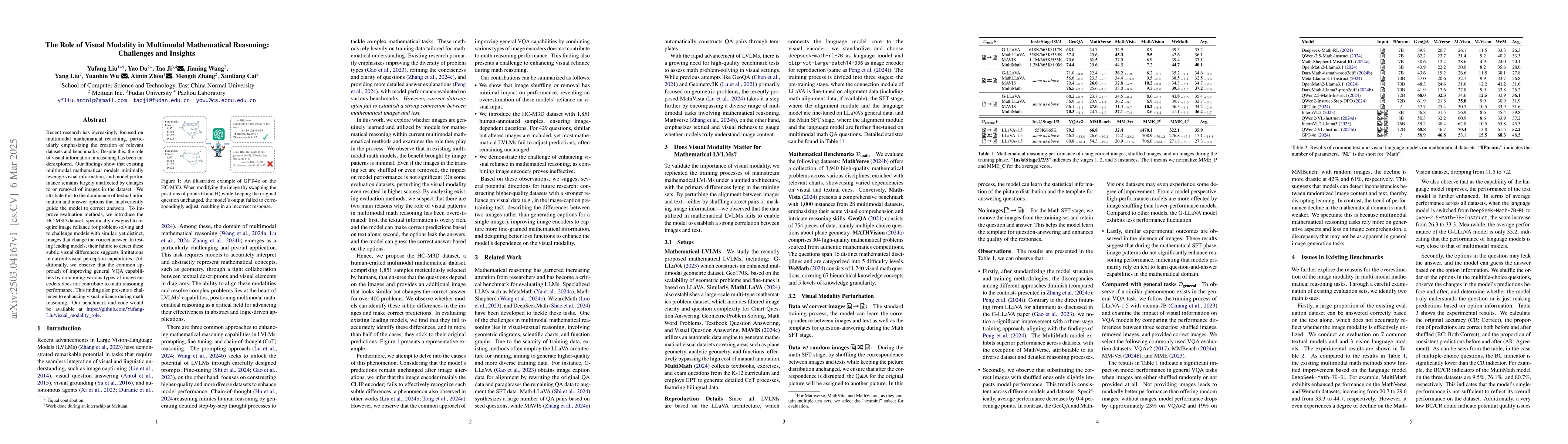 Thumbnail for The Role of Visual Modality in Multimodal Mathematical Reasoning:
  Challenges and Insights