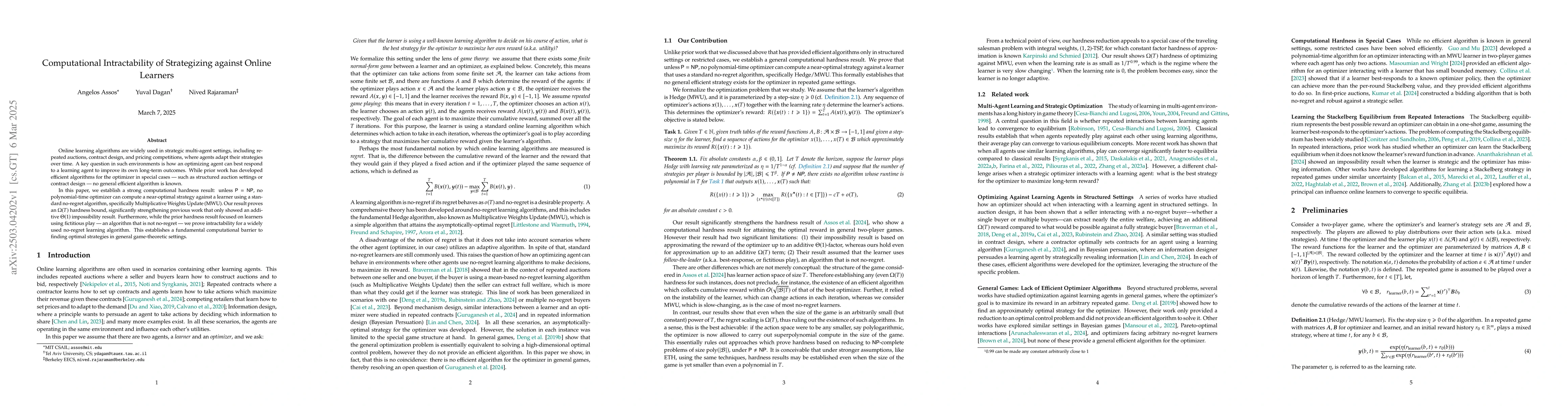 Thumbnail for Computational Intractability of Strategizing against Online Learners