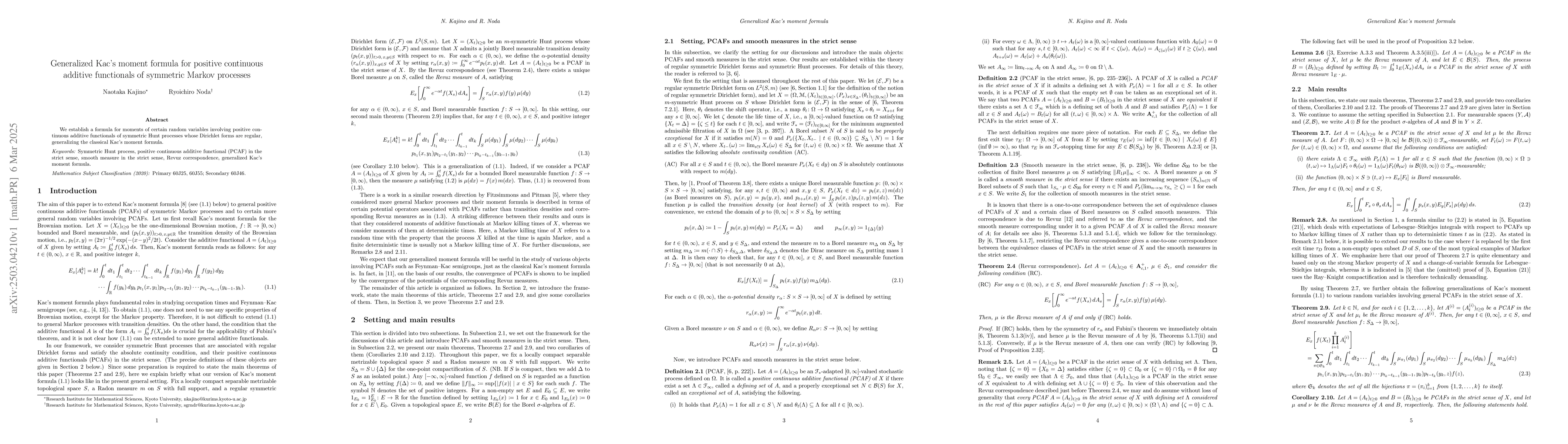 Thumbnail for Generalized Kac's moment formula for positive continuous additive
  functionals of symmetric Markov processes