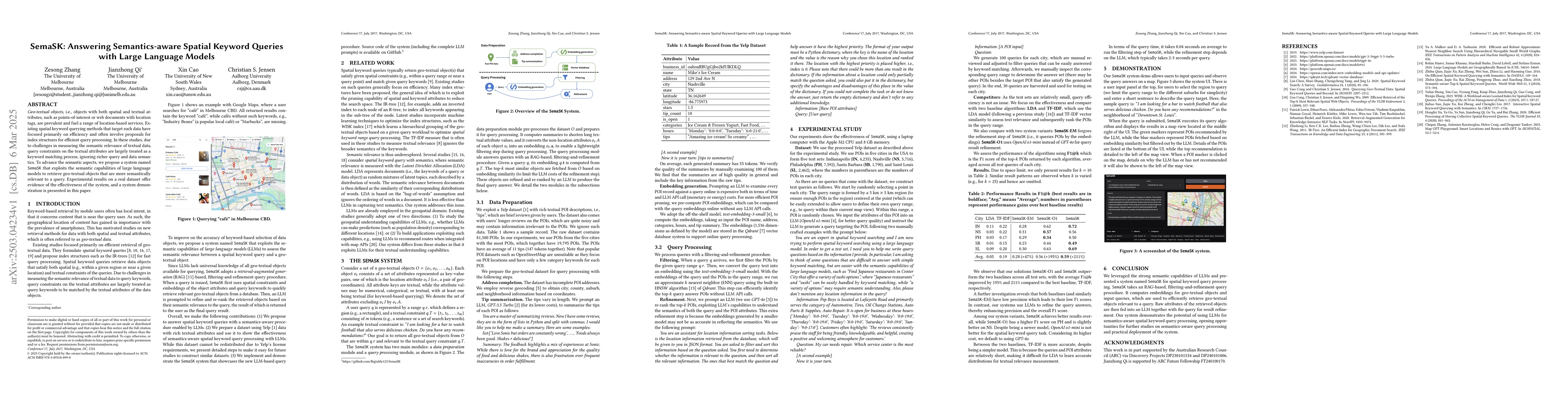 Thumbnail for SemaSK: Answering Semantics-aware Spatial Keyword Queries with Large
  Language Models