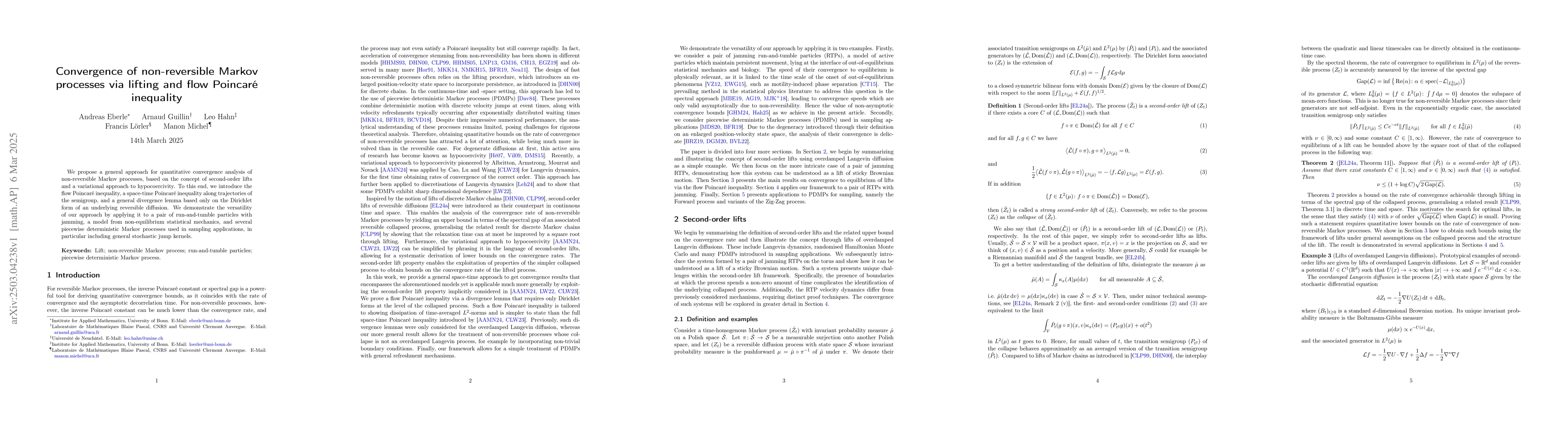 Thumbnail for Convergence of non-reversible Markov processes via lifting and flow
  Poincar{é} inequality