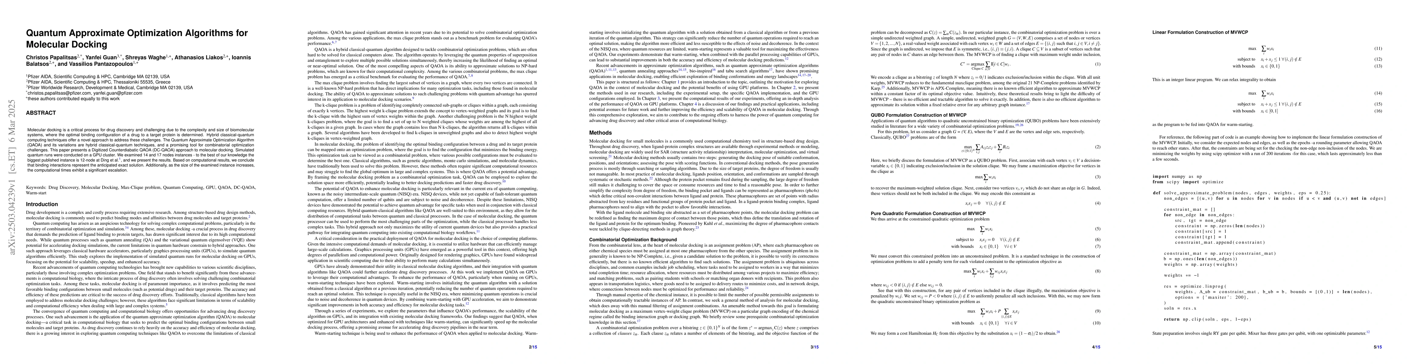 Thumbnail for Quantum Approximate Optimization Algorithms for Molecular Docking