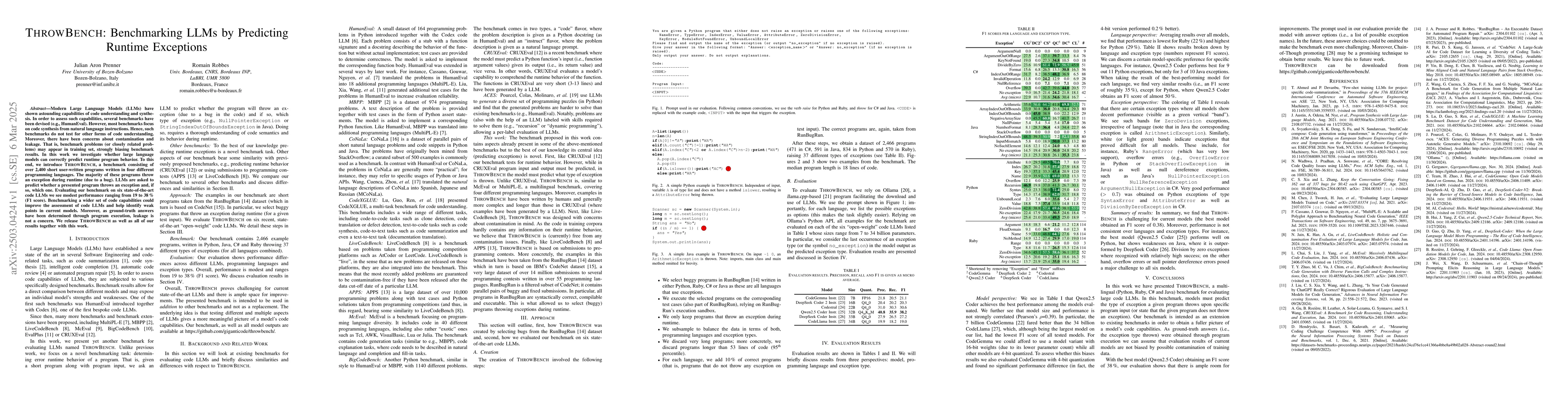 Thumbnail for ThrowBench: Benchmarking LLMs by Predicting Runtime Exceptions