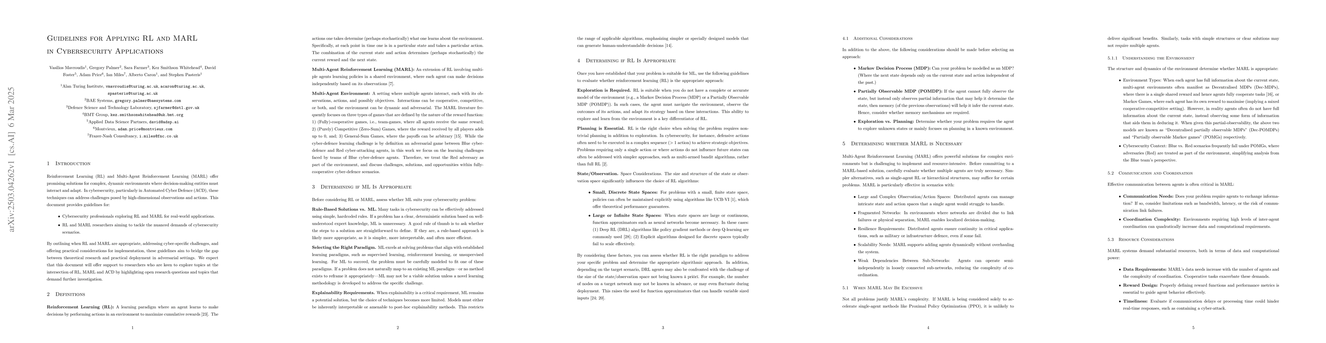 Thumbnail for Guidelines for Applying RL and MARL in Cybersecurity Applications