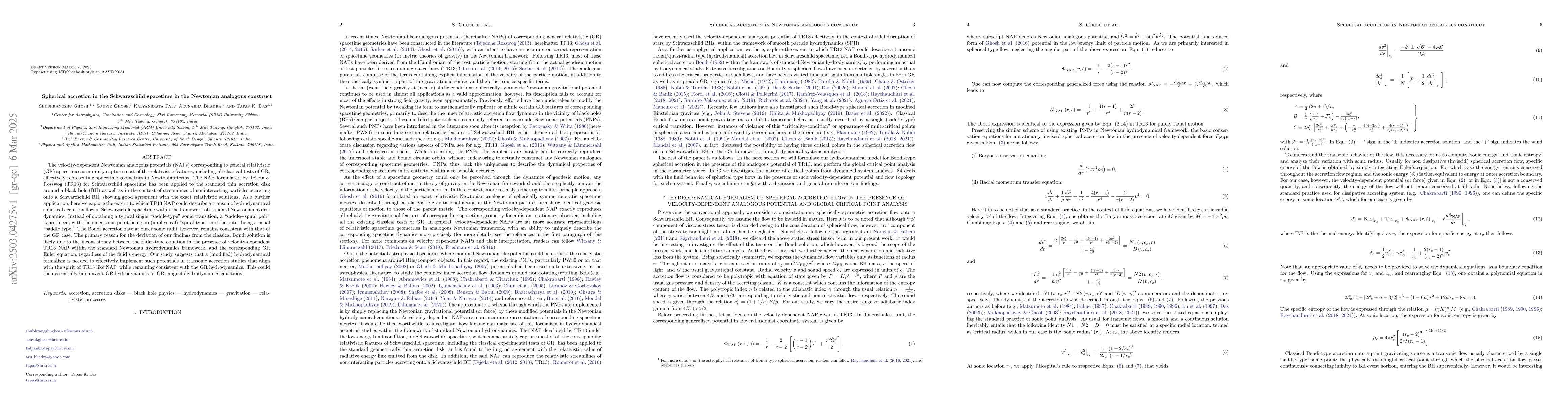 Thumbnail for Spherical accretion in the Schwarzschild spacetime in the Newtonian
  analogous construct