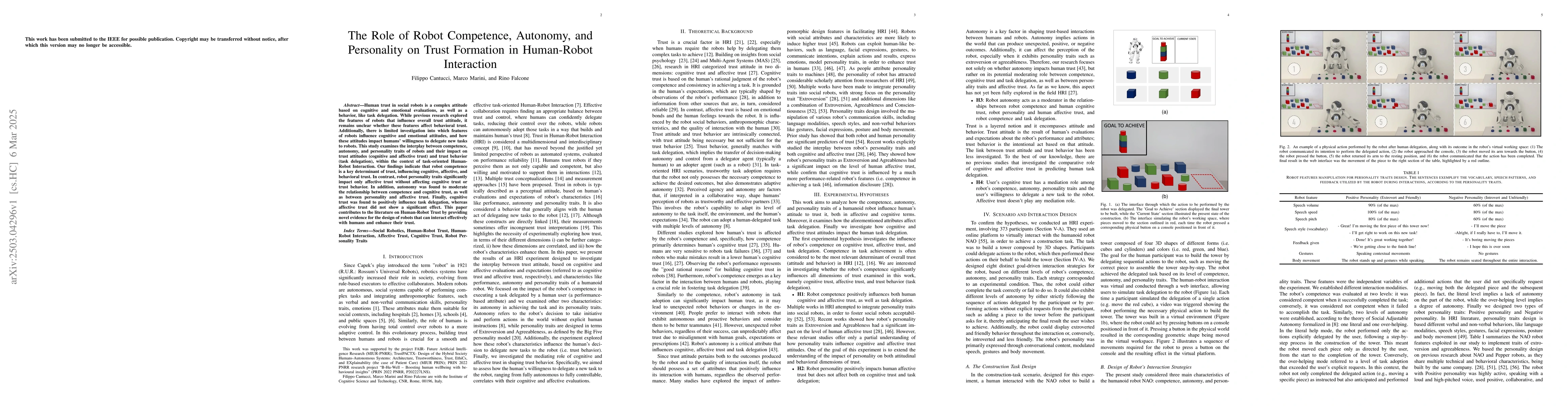 Thumbnail for The Role of Robot Competence, Autonomy, and Personality on Trust
  Formation in Human-Robot Interaction