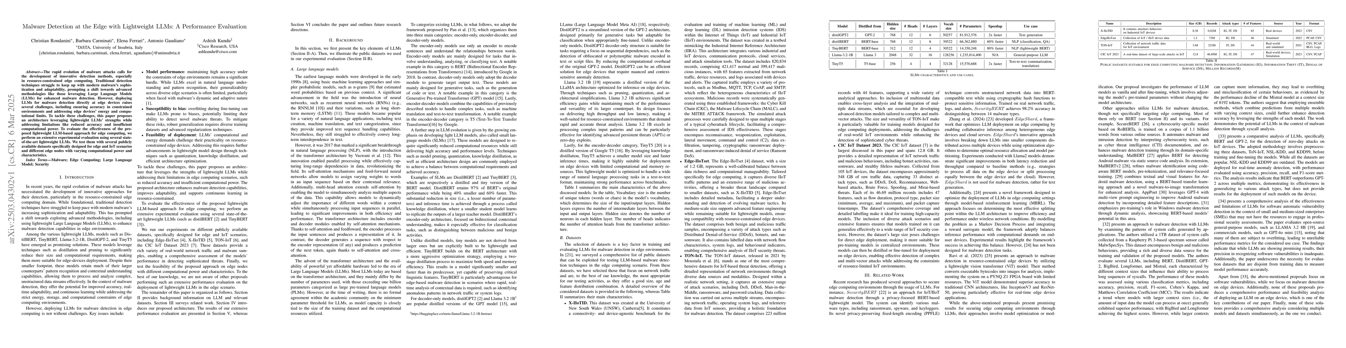 Thumbnail for Malware Detection at the Edge with Lightweight LLMs: A Performance
  Evaluation