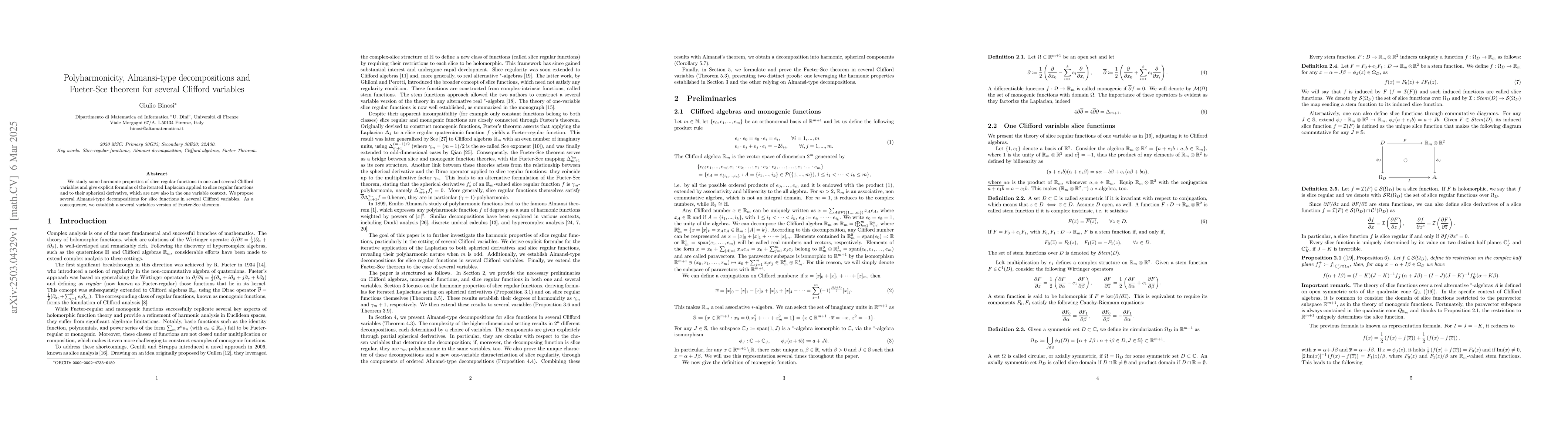 Thumbnail for Polyharmonicity, Almansi-type decompositions and Fueter-Sce theorem for
  several Clifford variables