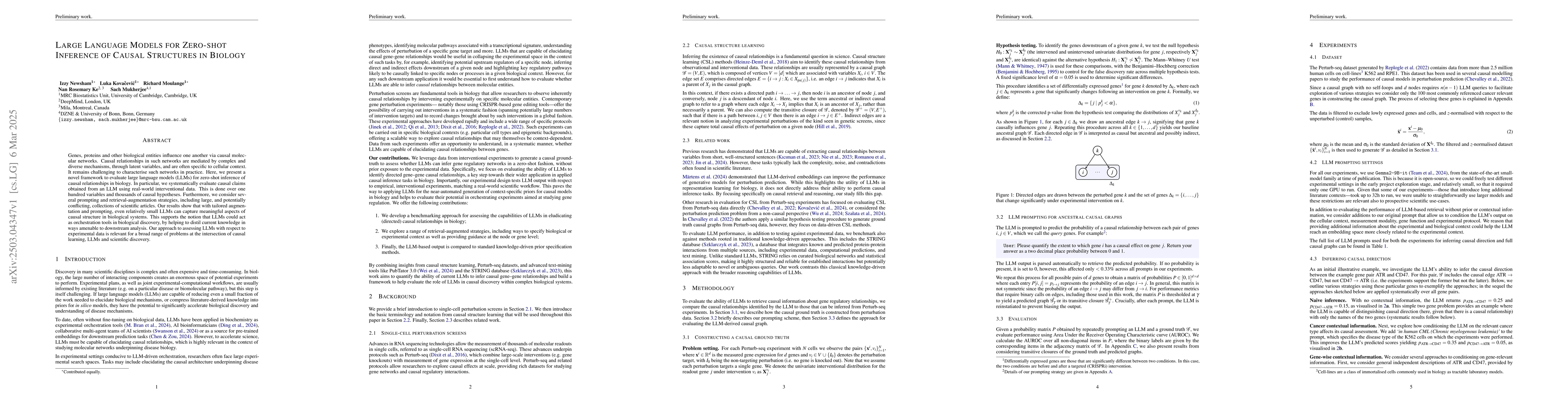 Thumbnail for Large Language Models for Zero-shot Inference of Causal Structures in
  Biology