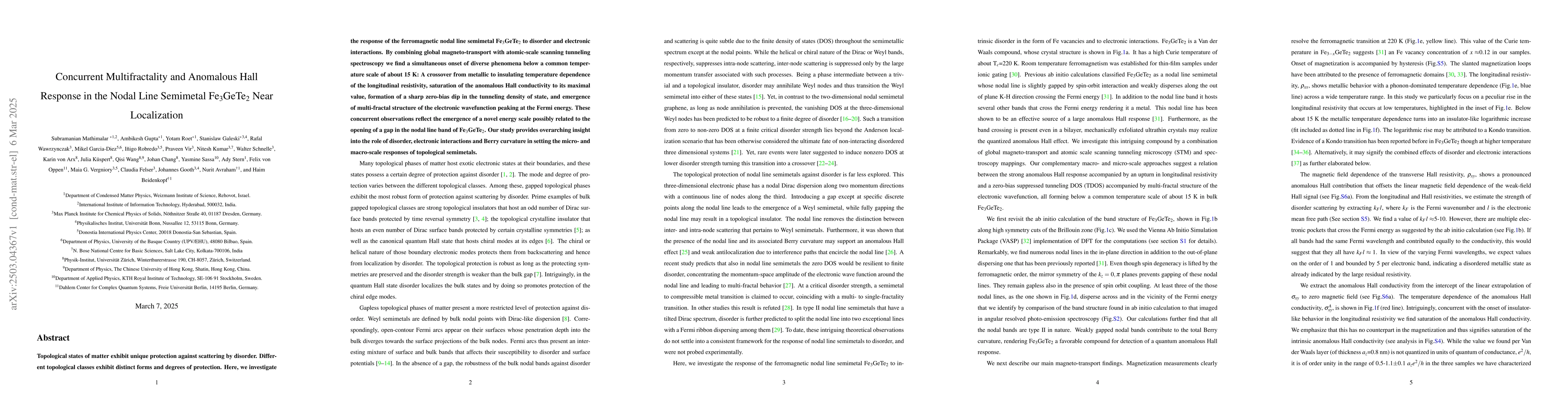 Thumbnail for Concurrent Multifractality and Anomalous Hall Response in the Nodal Line
  Semimetal Fe$_3$GeTe$_2$ Near Localization