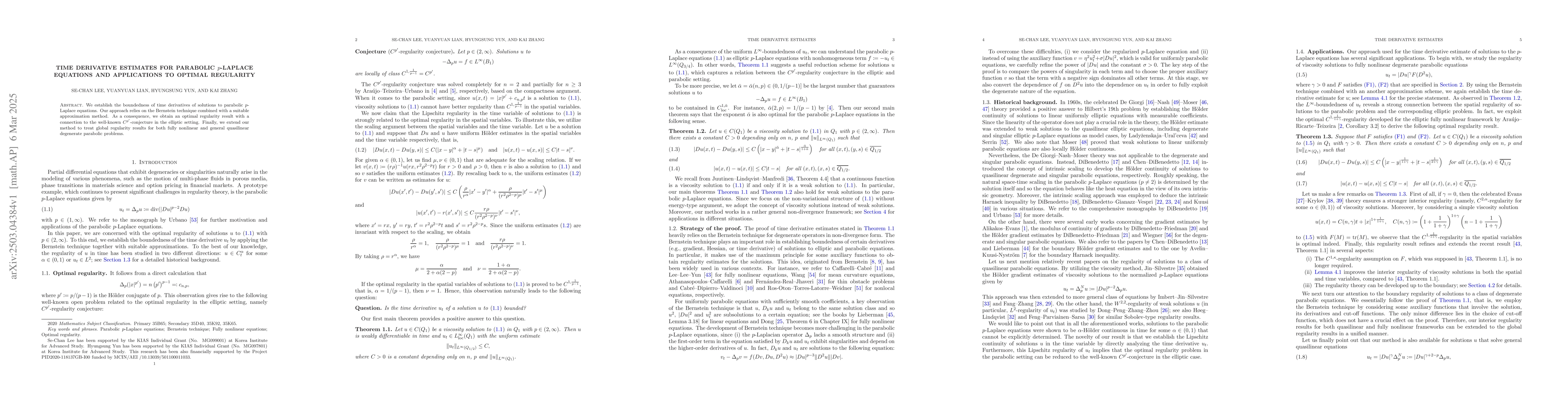 Thumbnail for Time derivative estimates for parabolic $p$-Laplace equations and
  applications to optimal regularity