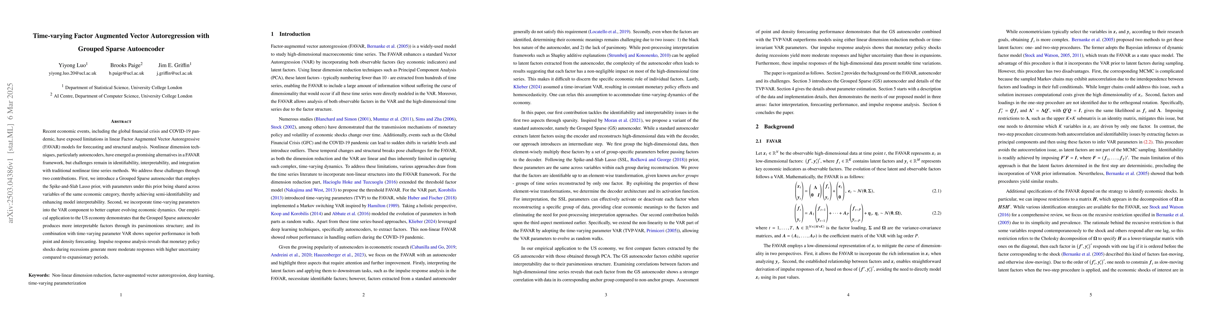 Thumbnail for Time-varying Factor Augmented Vector Autoregression with Grouped Sparse
  Autoencoder