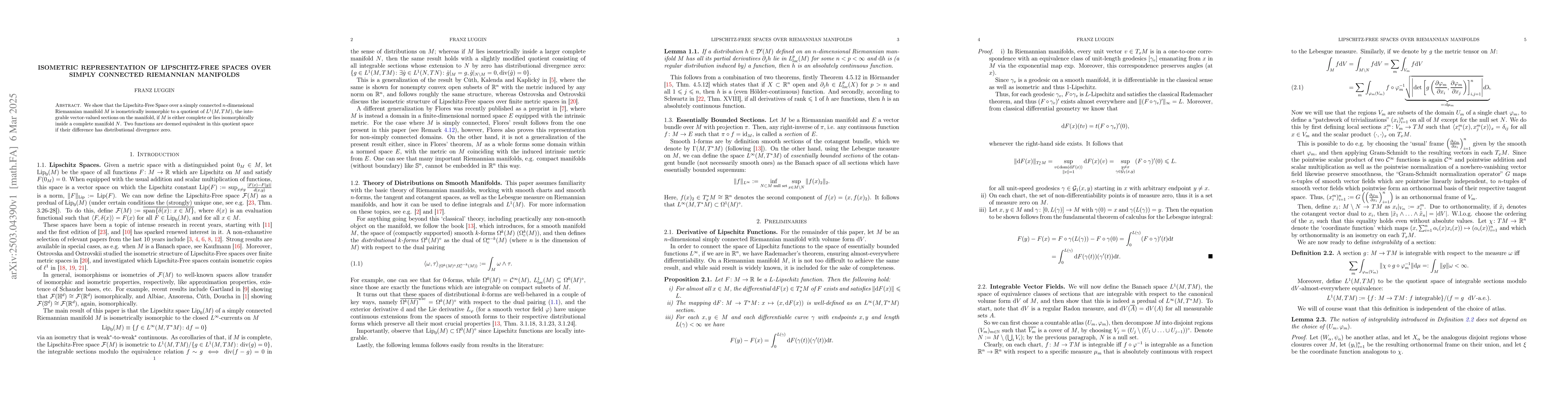 Thumbnail for Isometric Representation of Lipschitz-Free Spaces over Simply Connected
  Riemannian Manifolds