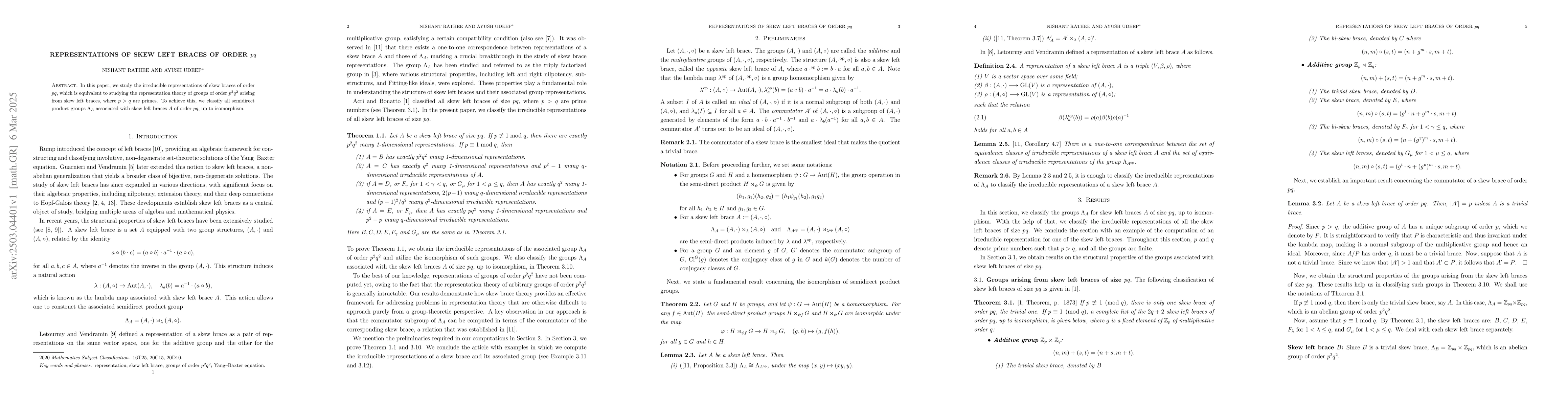 Thumbnail for Representations of Skew Left Braces of order $pq$