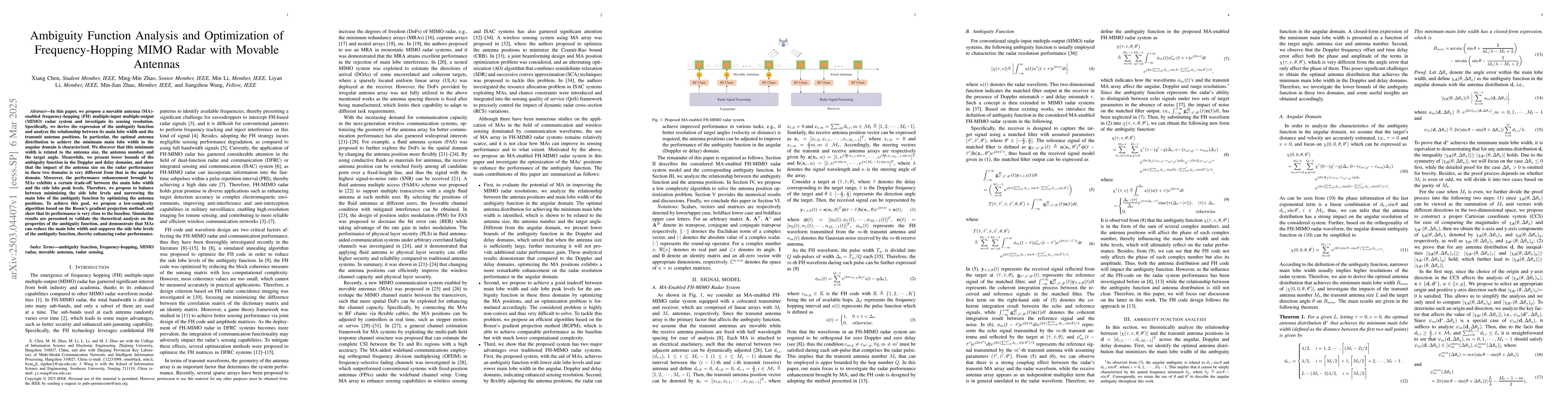 Thumbnail for Ambiguity Function Analysis and Optimization of Frequency-Hopping MIMO
  Radar with Movable Antennas