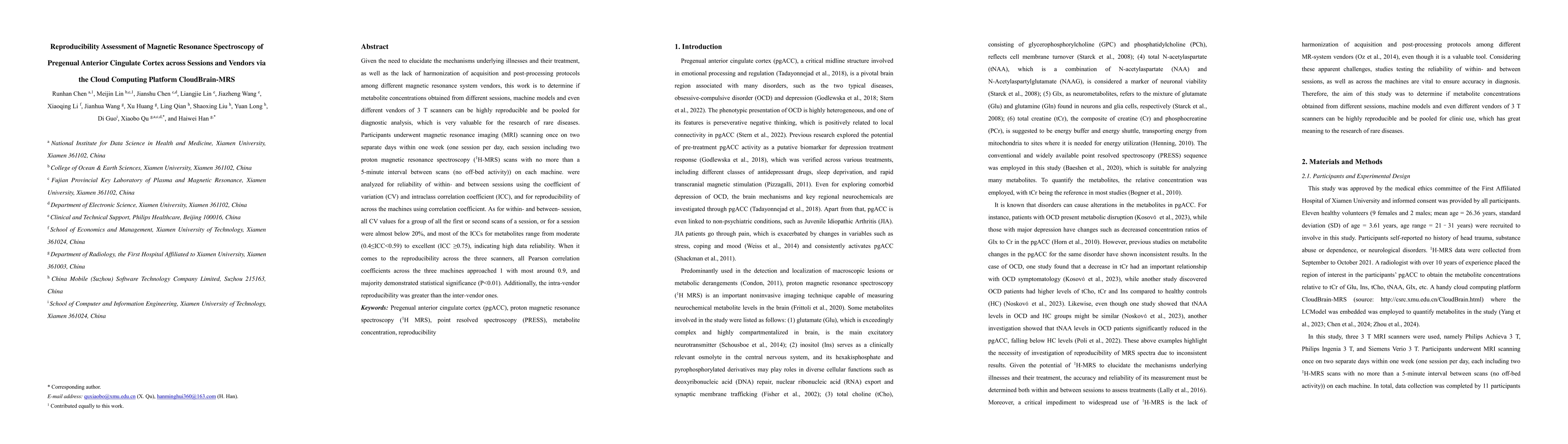 Thumbnail for Reproducibility Assessment of Magnetic Resonance Spectroscopy of
  Pregenual Anterior Cingulate Cortex across Sessions and Vendors via the Cloud
  Computing Platform CloudBrain-MRS