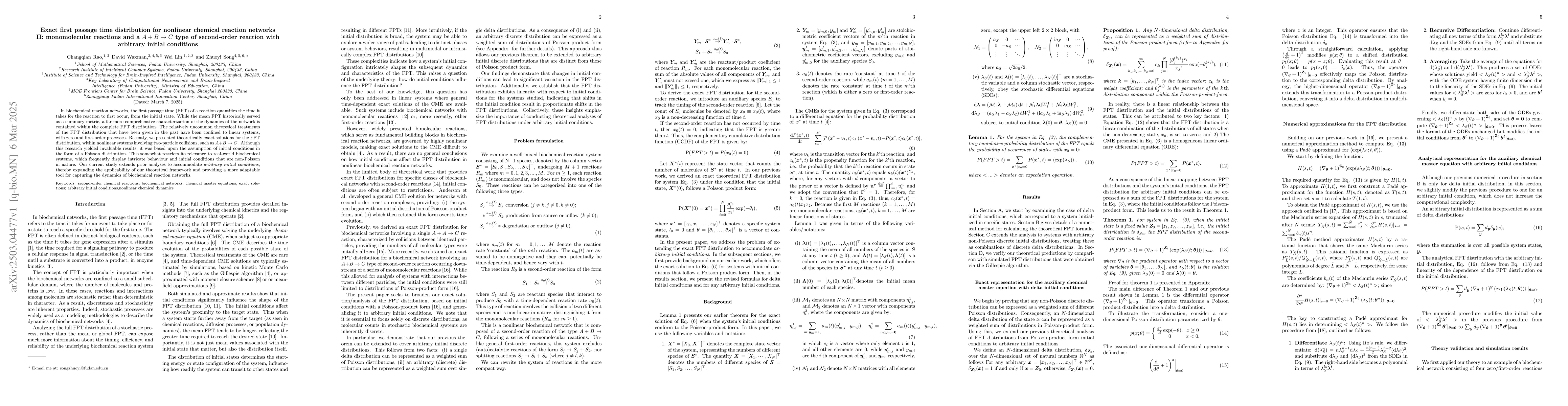 Thumbnail for Exact first passage time distribution for nonlinear chemical reaction
  networks II: monomolecular reactions and a A + B - C type of second-order
  reaction with arbitrary initial conditions