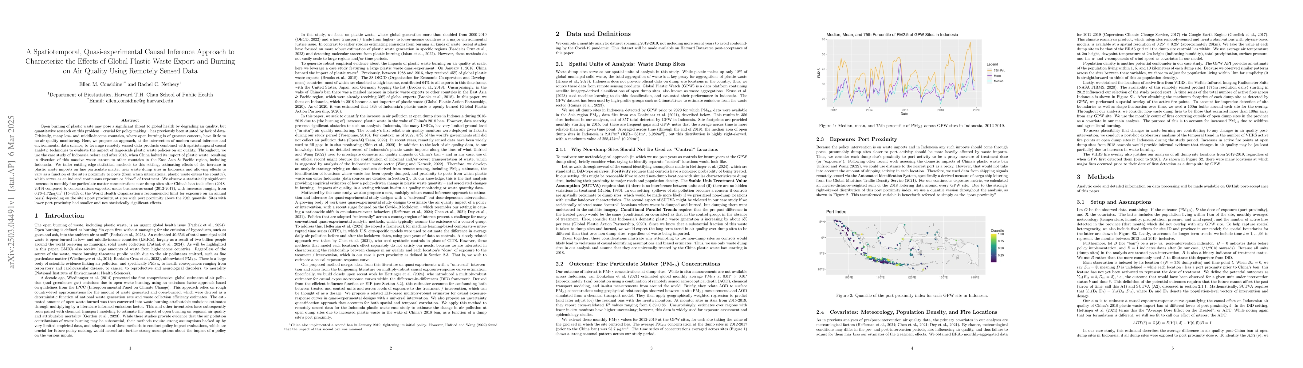 Thumbnail for A Spatiotemporal, Quasi-experimental Causal Inference Approach to
  Characterize the Effects of Global Plastic Waste Export and Burning on Air
  Quality Using Remotely Sensed Data