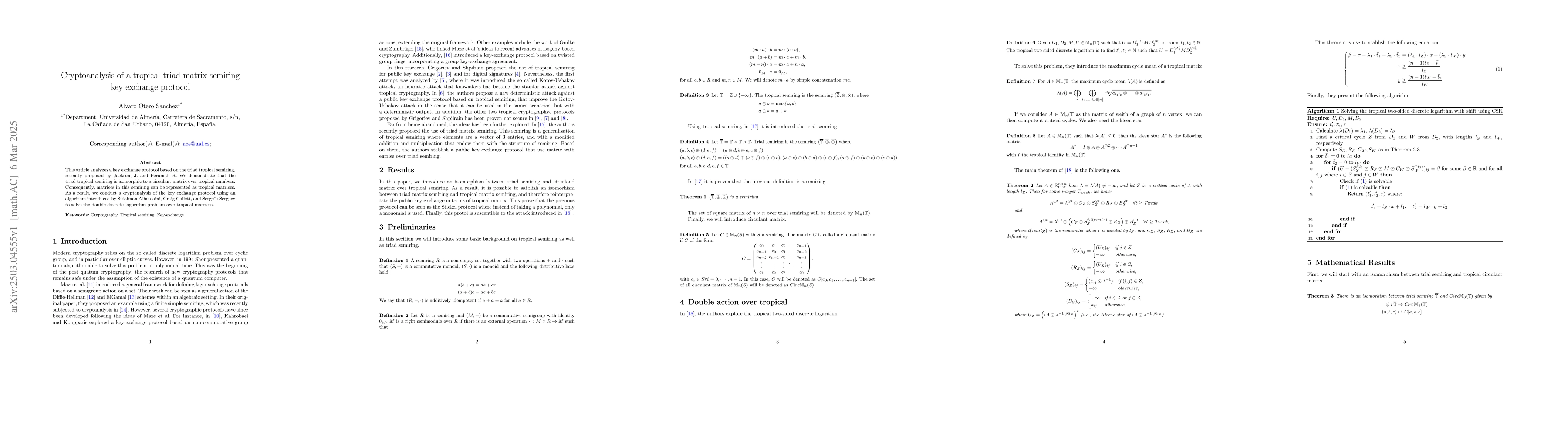 Thumbnail for Cryptoanalysis of a tropical triad matrix semiring key exchange protocol
