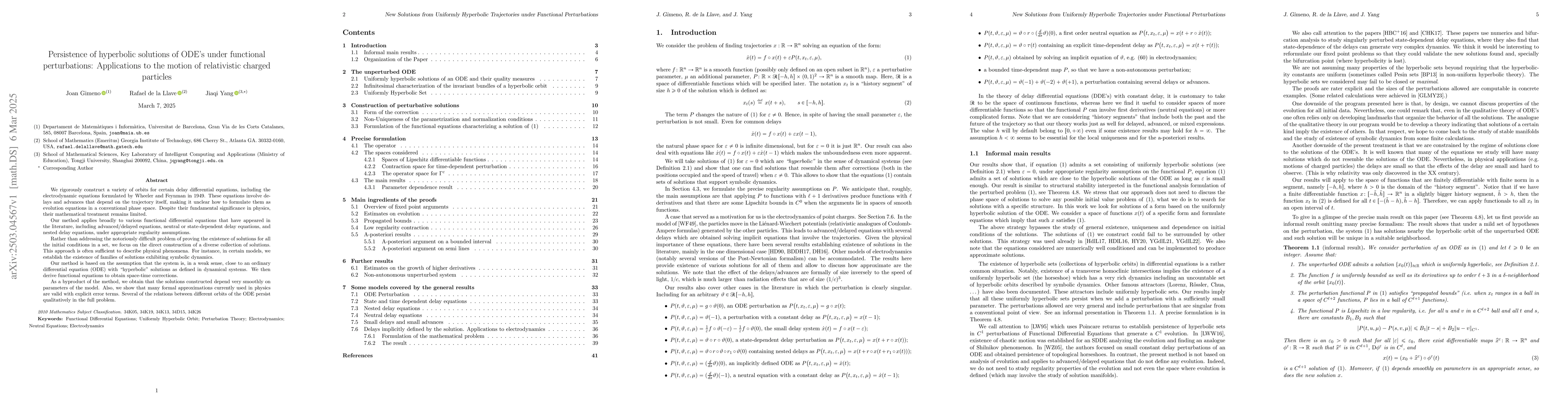 Thumbnail for Persistence of hyperbolic solutions of ODE's under functional
  perturbations: Applications to the motion of relativistic charged particles