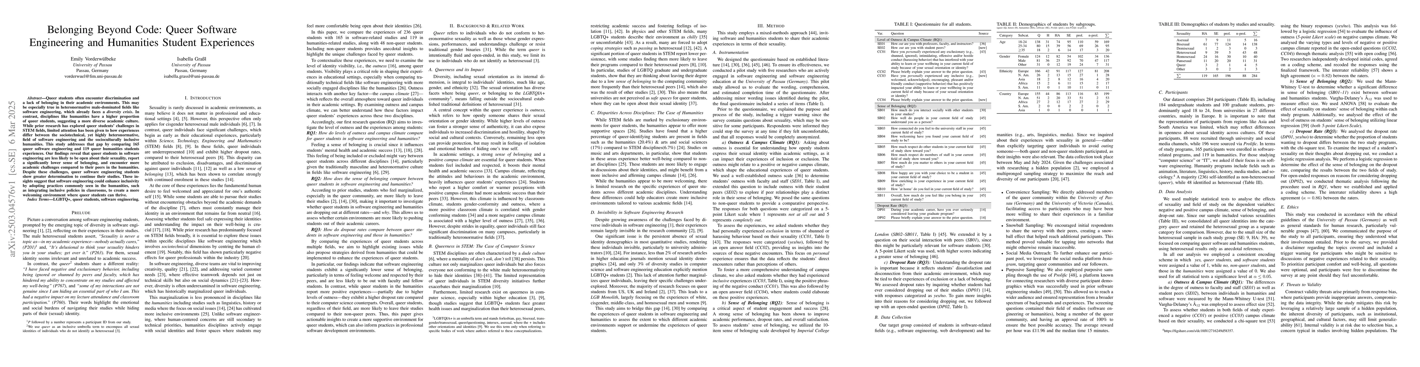 Thumbnail for Belonging Beyond Code: Queer Software Engineering and Humanities Student
  Experiences