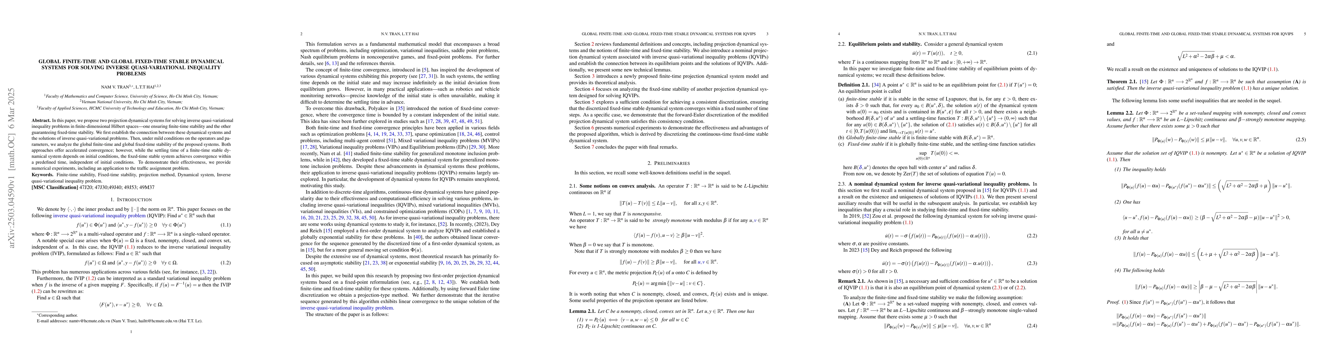 Thumbnail for Globally Finite time and Globally Fixed-time stable Dynamical Systems
  for solving Inverse Quasi-variational inequality problems