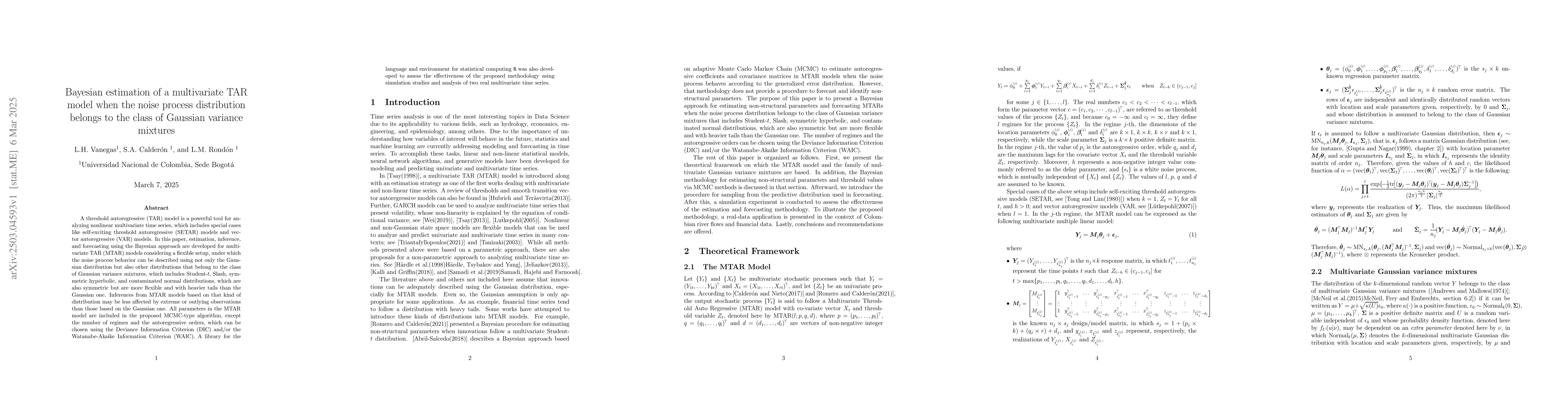 Thumbnail for Bayesian estimation of a multivariate TAR model when the noise process
  distribution belongs to the class of Gaussian variance mixtures