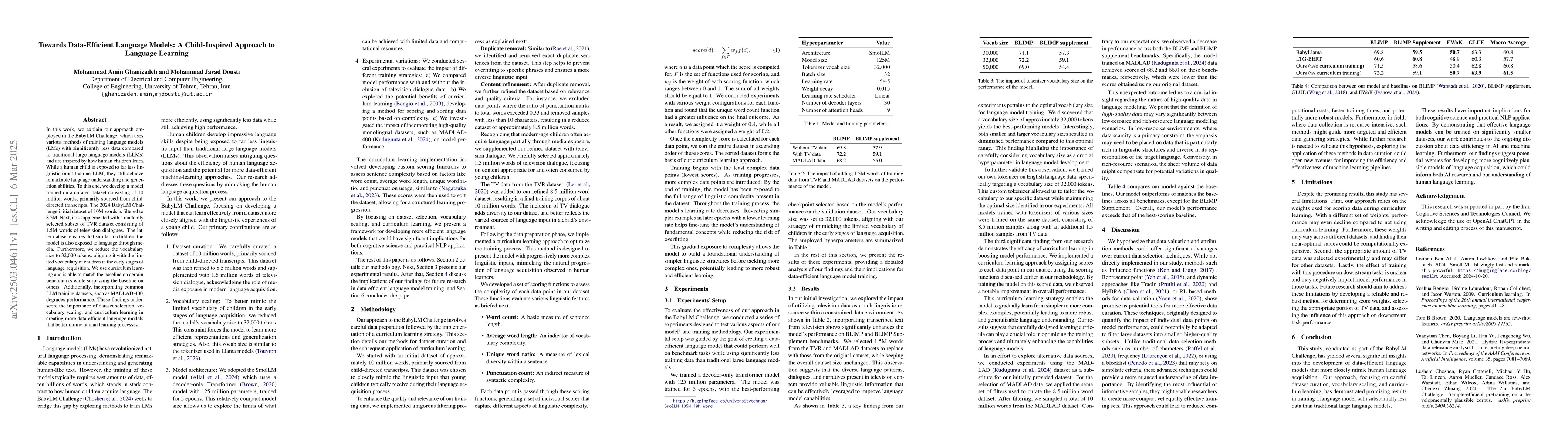 Thumbnail for Towards Data-Efficient Language Models: A Child-Inspired Approach to
  Language Learning