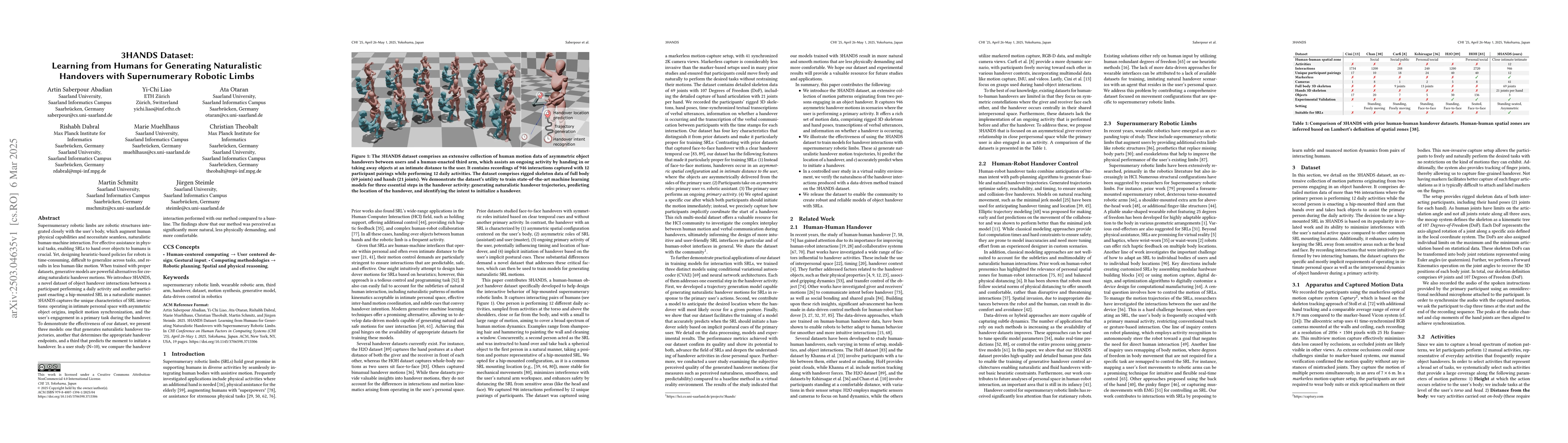 Thumbnail for 3HANDS Dataset: Learning from Humans for Generating Naturalistic
  Handovers with Supernumerary Robotic Limbs