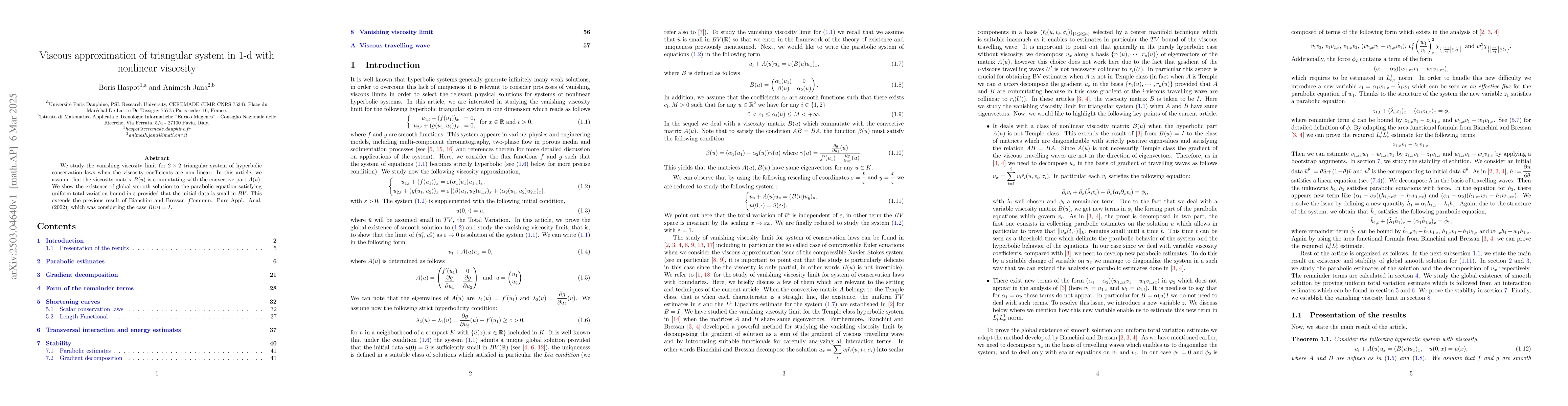Thumbnail for Viscous approximation of triangular system in 1-d with nonlinear
  viscosity