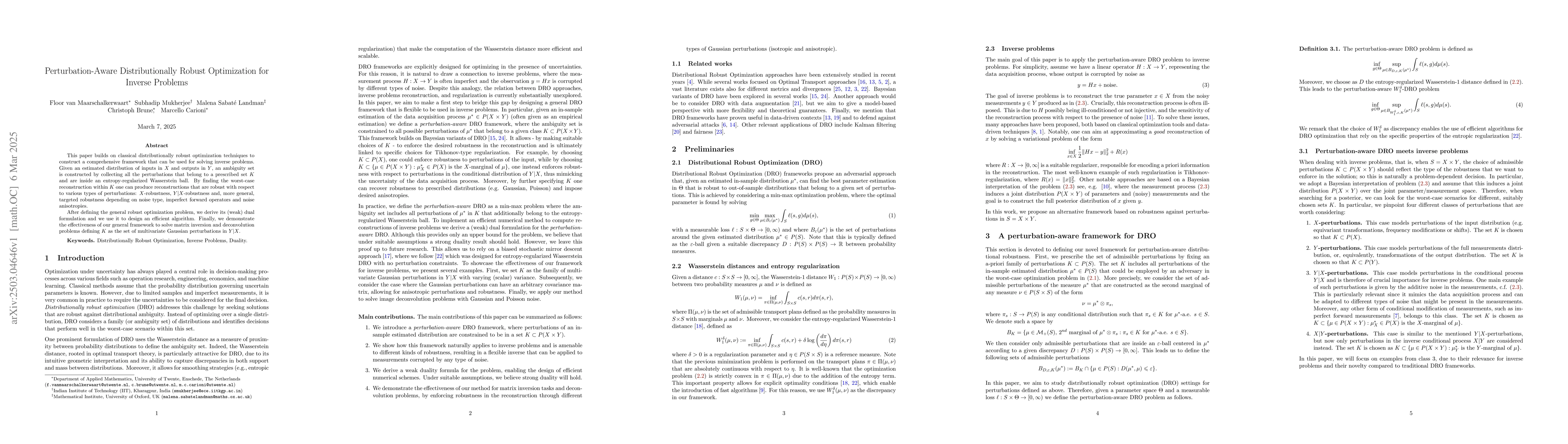 Thumbnail for Perturbation-Aware Distributionally Robust Optimization for Inverse
  Problems