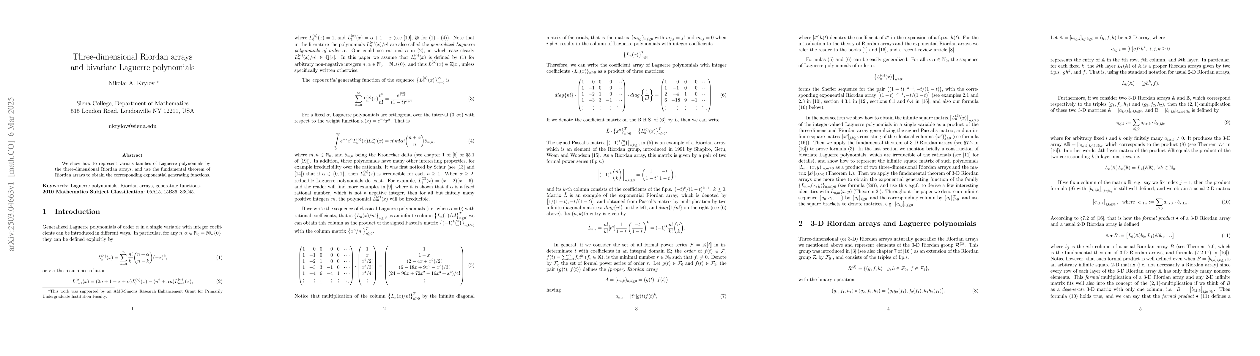 Thumbnail for Three-dimensional Riordan arrays and bivariate Laguerre polynomials