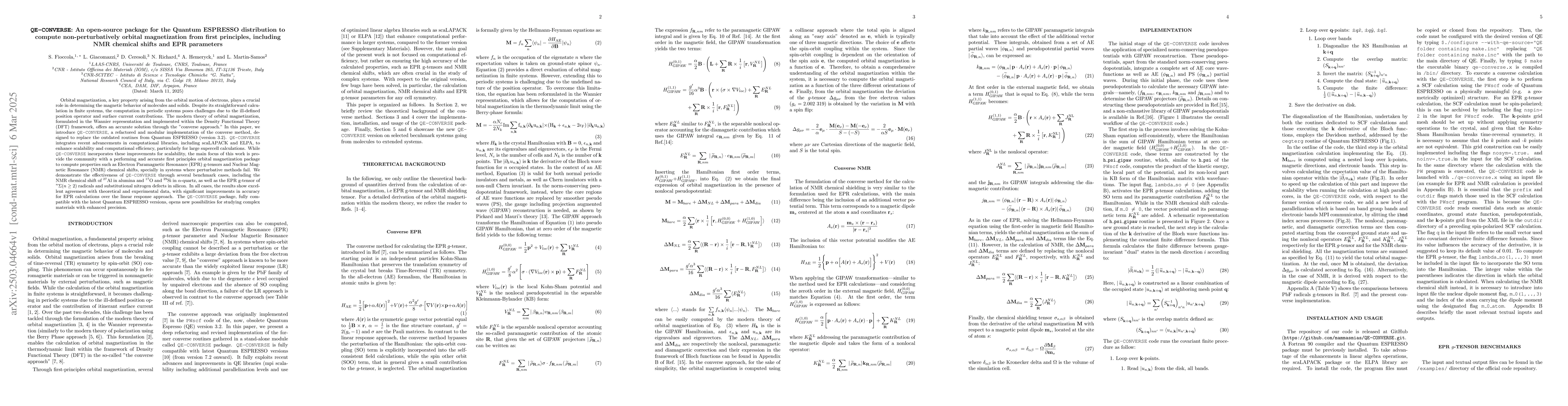 Thumbnail for QE-CONVERSE: An open-source package for the Quantum ESPRESSO
  distribution to compute non-perturbatively orbital magnetization from first
  principles, including NMR chemical shifts and EPR parameters