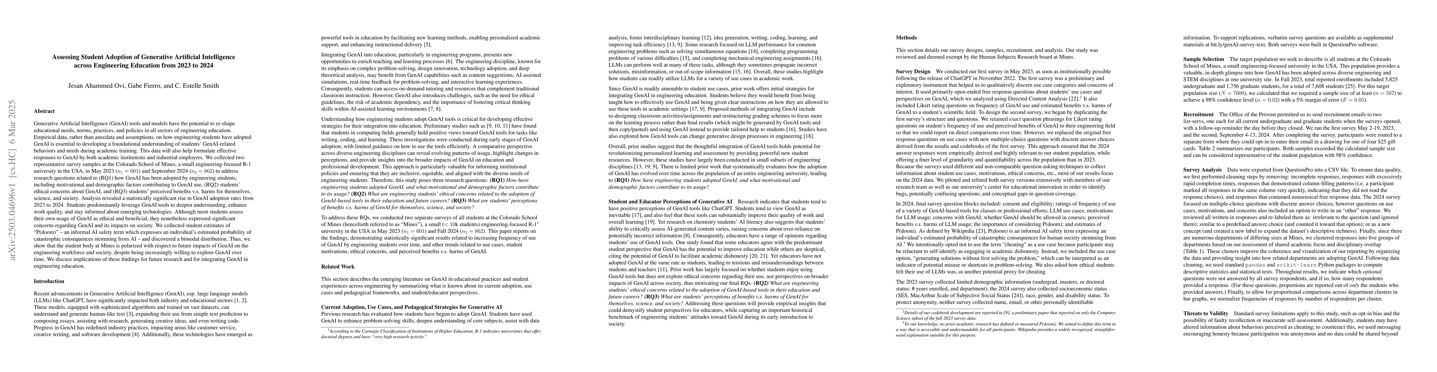 Thumbnail for Assessing Student Adoption of Generative Artificial Intelligence across
  Engineering Education from 2023 to 2024