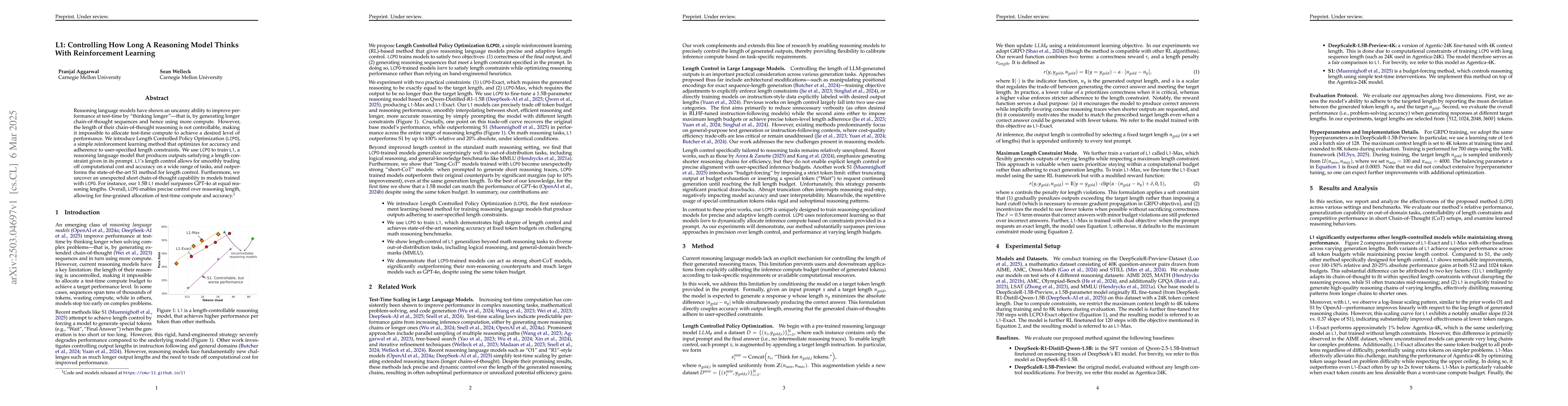 Thumbnail for L1: Controlling How Long A Reasoning Model Thinks With Reinforcement
  Learning
