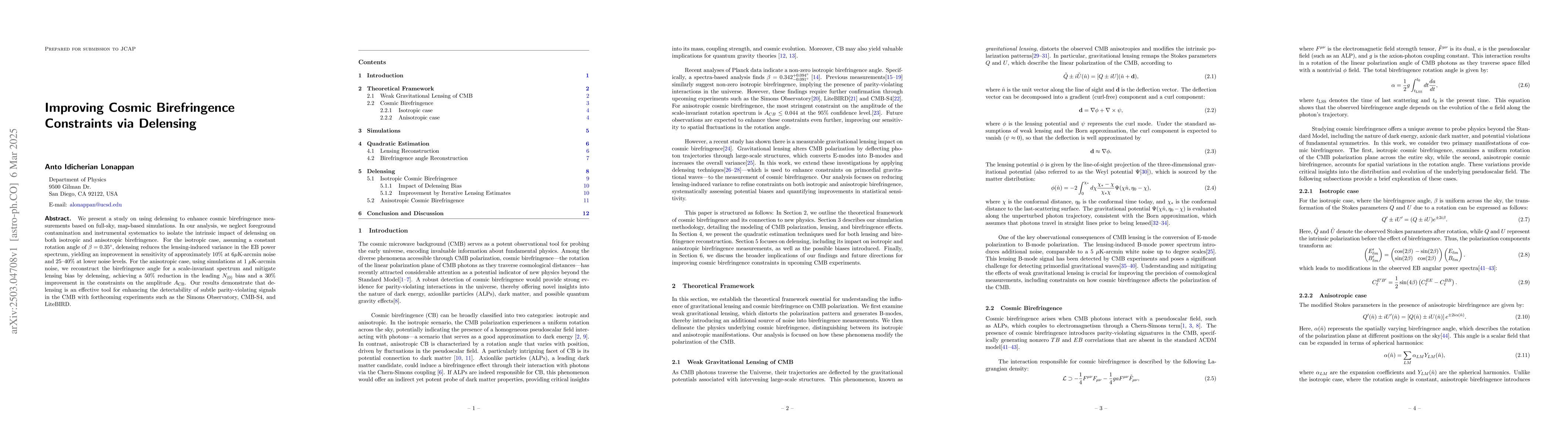 Thumbnail for Improving Cosmic Birefringence Constraints via Delensing