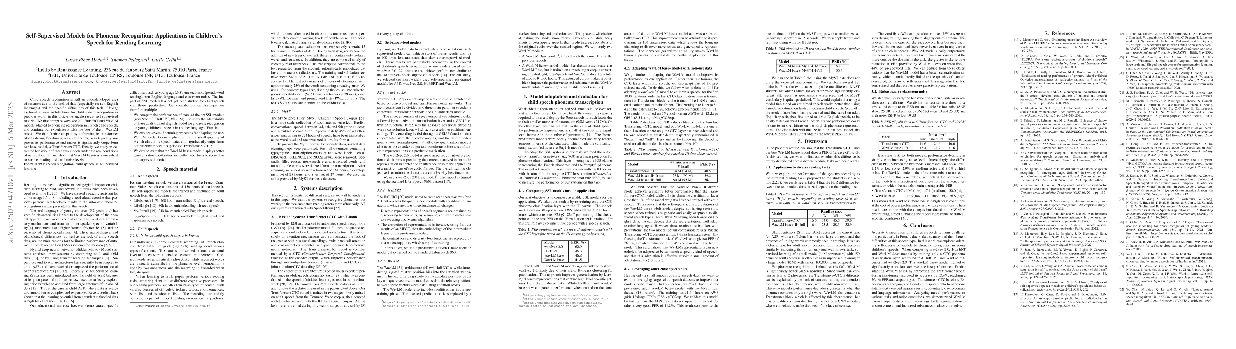Thumbnail for Self-Supervised Models for Phoneme Recognition: Applications in
  Children's Speech for Reading Learning