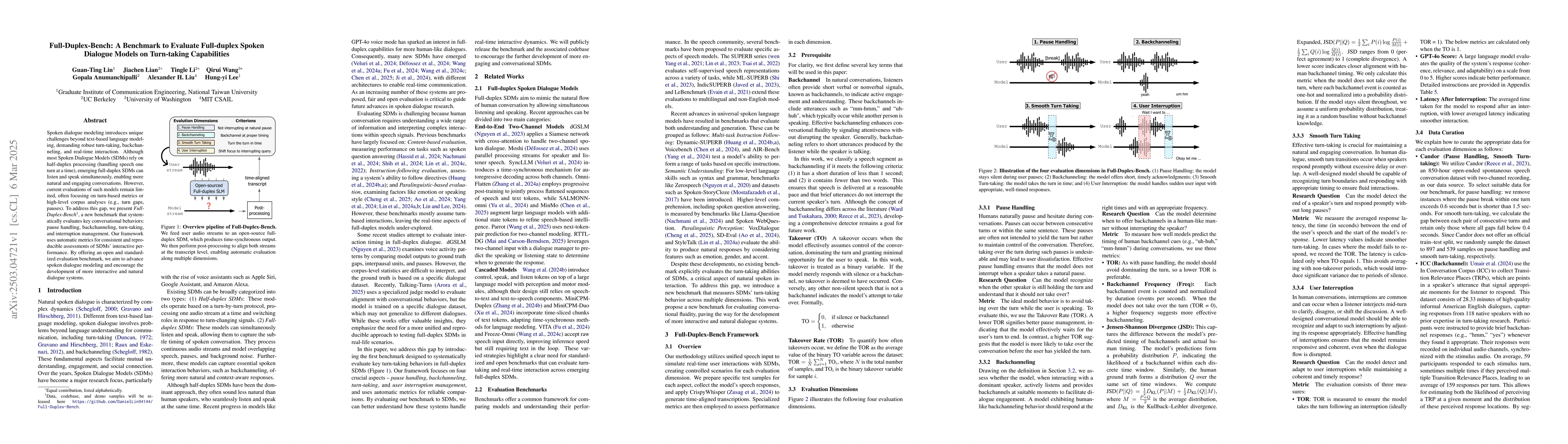 Thumbnail for Full-Duplex-Bench: A Benchmark to Evaluate Full-duplex Spoken Dialogue
  Models on Turn-taking Capabilities
