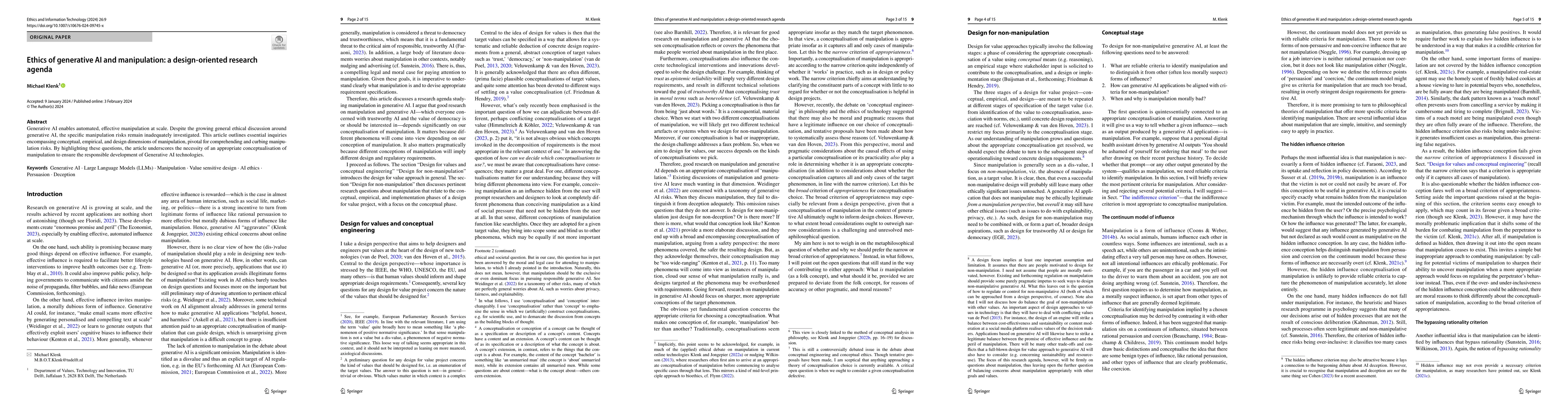 Thumbnail for Ethics of generative AI and manipulation: a design-oriented research
  agenda