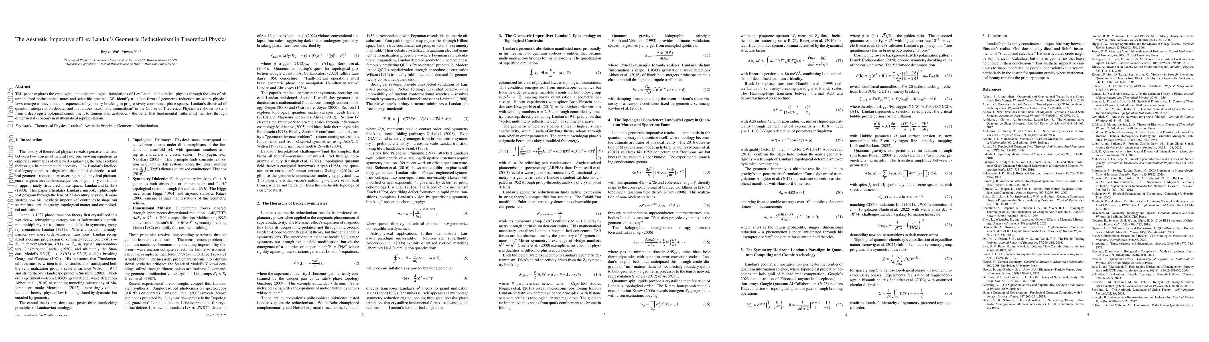 Thumbnail for The Aesthetic Imperative of Lev Landau's Geometric Reductionism in
  Theoretical Physics