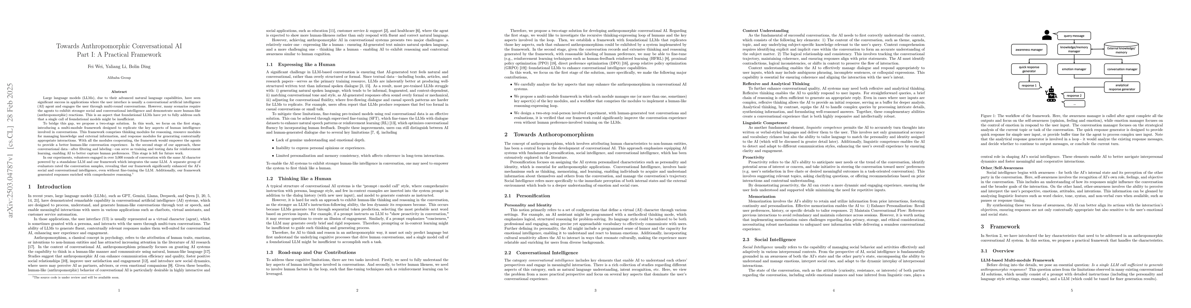 Thumbnail for Towards Anthropomorphic Conversational AI Part I: A Practical Framework