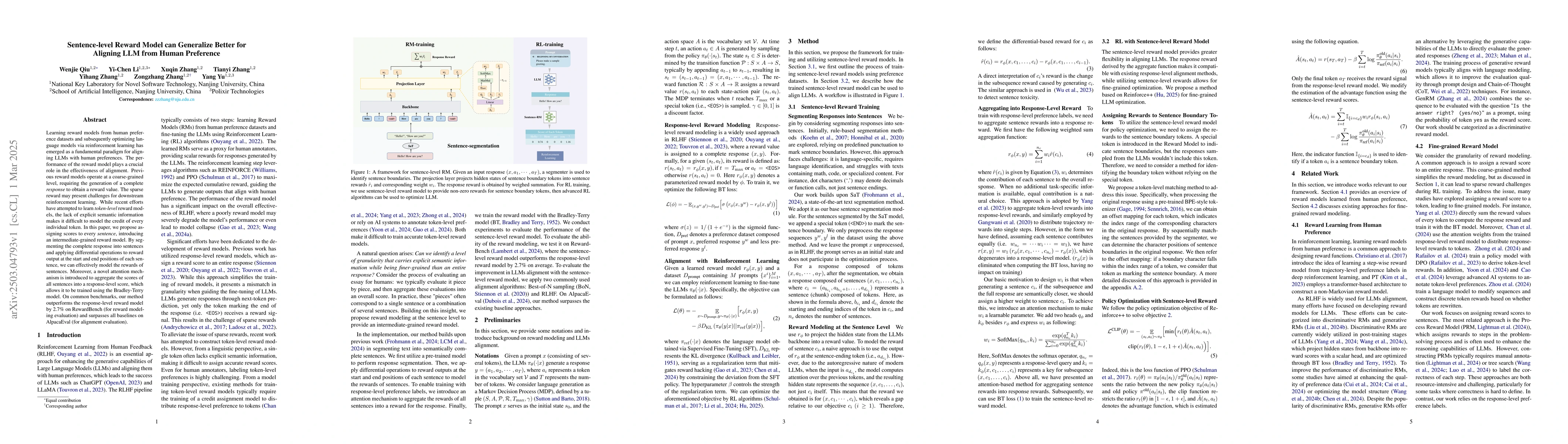 Thumbnail for Sentence-level Reward Model can Generalize Better for Aligning LLM from
  Human Preference