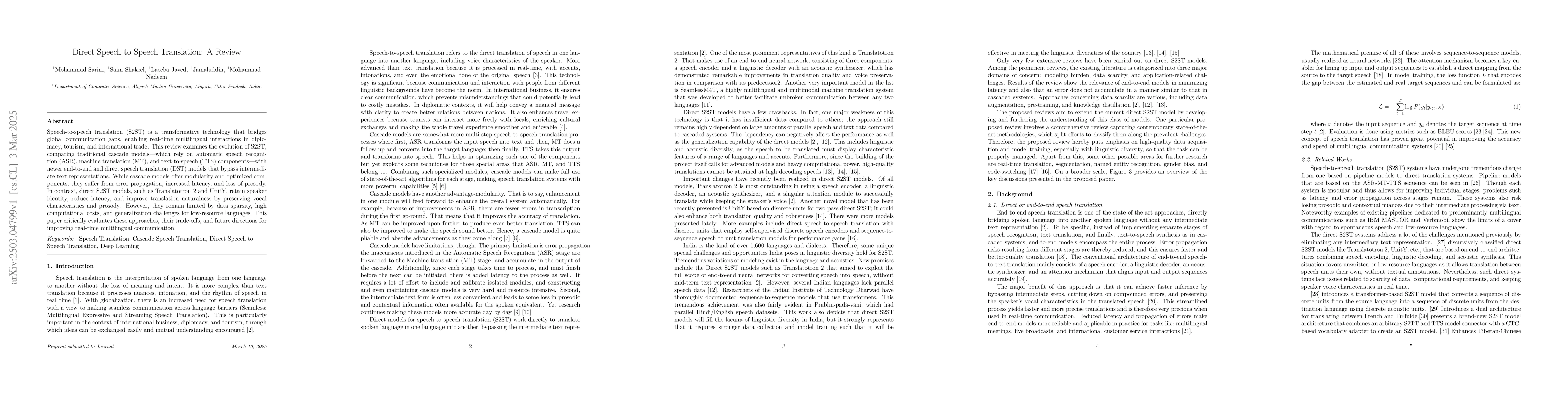 Thumbnail for Direct Speech to Speech Translation: A Review