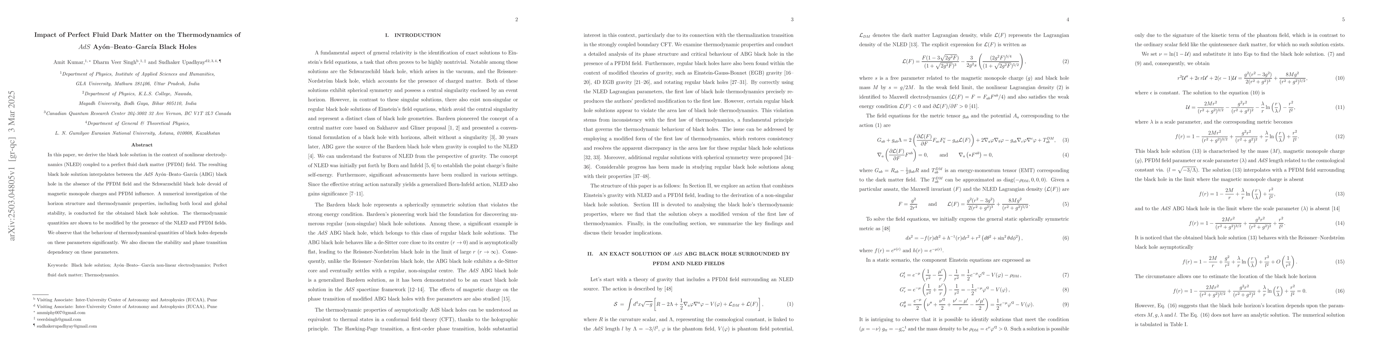 Thumbnail for Impact of Perfect Fluid Dark Matter on the Thermodynamics of $AdS$
  Ayón--Beato--García Black Holes