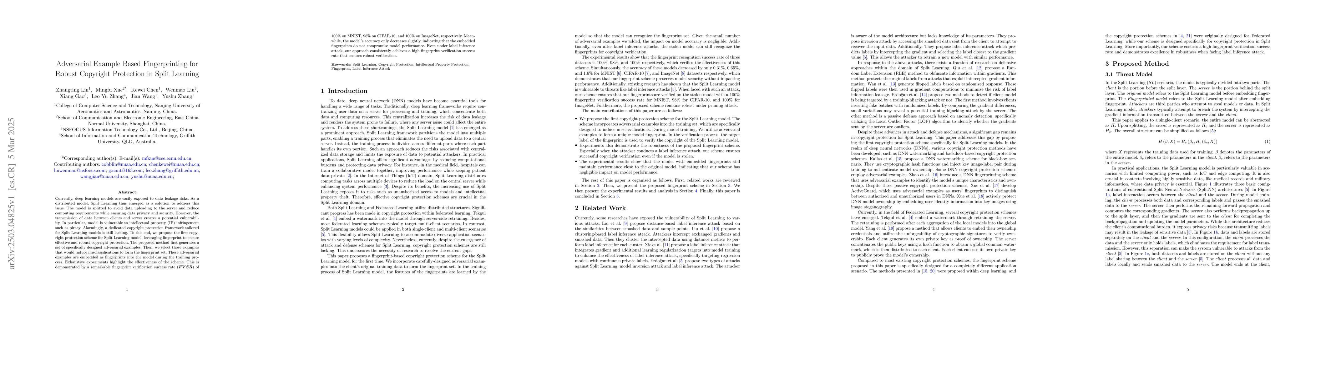 Thumbnail for Adversarial Example Based Fingerprinting for Robust Copyright Protection
  in Split Learning
