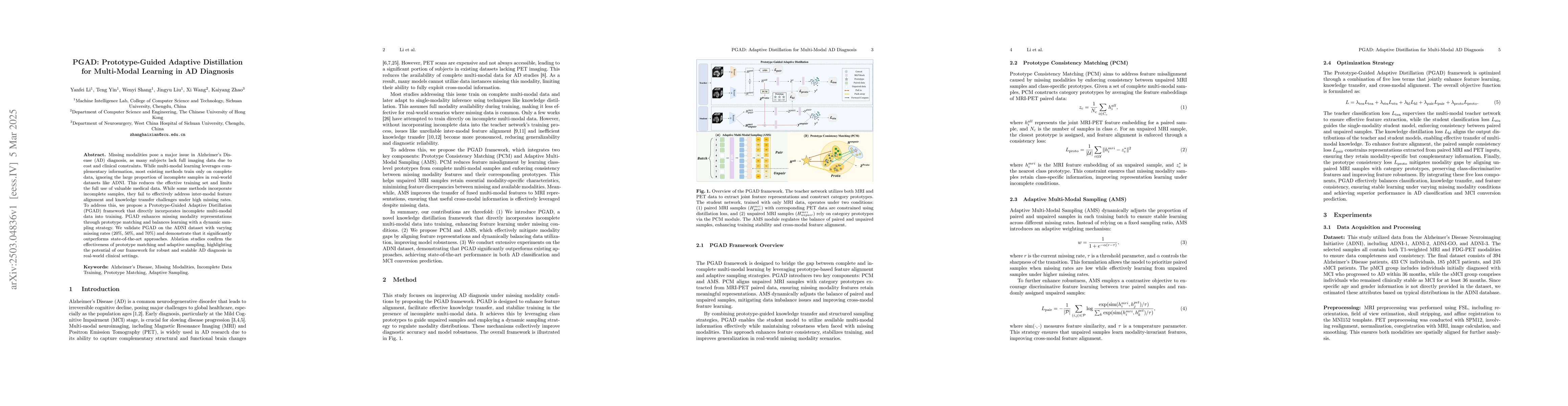 Thumbnail for PGAD: Prototype-Guided Adaptive Distillation for Multi-Modal Learning in
  AD Diagnosis