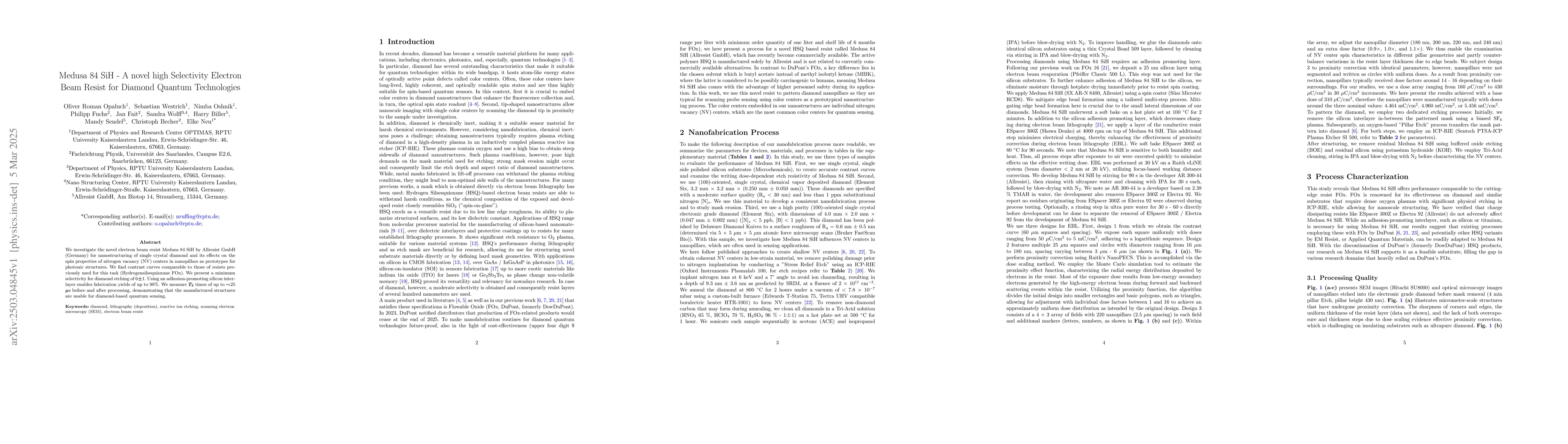 Thumbnail for Medusa 84 SiH -- A novel high Selectivity Electron Beam Resist for
  Diamond Quantum Technologies