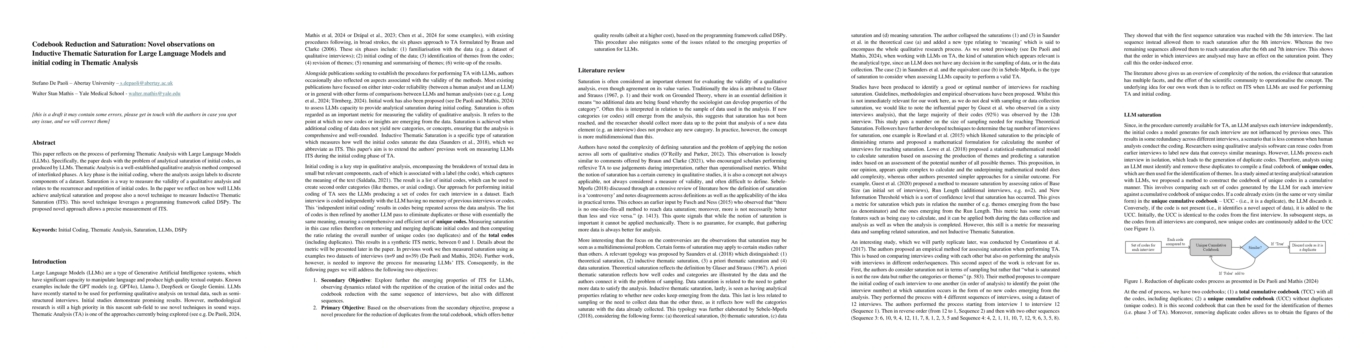 Thumbnail for Codebook Reduction and Saturation: Novel observations on Inductive
  Thematic Saturation for Large Language Models and initial coding in Thematic
  Analysis