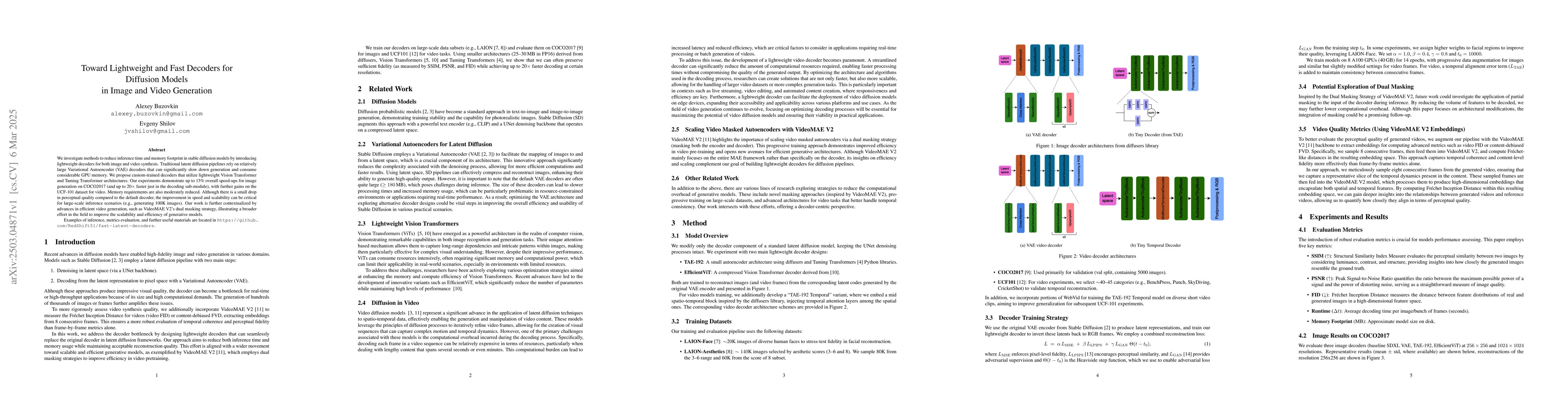 Thumbnail for Toward Lightweight and Fast Decoders for Diffusion Models in Image and
  Video Generation